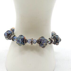 Handcrafted Silver Tone Toggle Clasp Bracelet With Blue Multi-Color Glass Beads